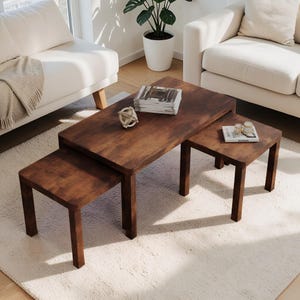 Set of 3 Rustic Brown Wooden Nesting Tables, Space-Saving Coffee Side Furniture