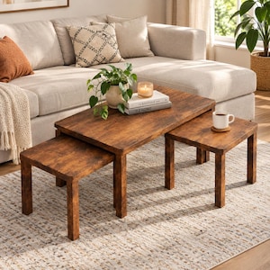 Set of 3 Rustic Brown Wooden Nesting Tables, Space-Saving Coffee Side Furniture