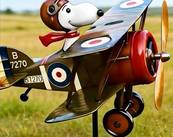 Flying Ace Dog Doppeldecker-Metallwindmühle, wunderliche dynamische Gartenkunst für Rasen & Terrasse, Vintage Hundepilot-Yard-Dekor, einzigartiges Geschenk im Freien