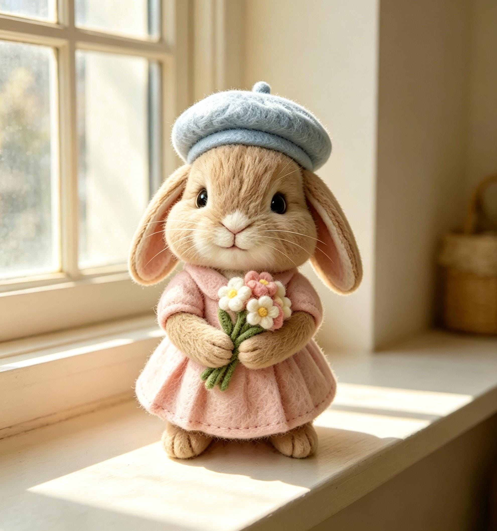 Handmade Needle Felt Bunny With Flowers, Cute Wool Rabbit Doll, Desk ...