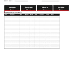 May include: A black and white charging log template for a Tesla Model Y. The template includes sections for tracking charge sessions, cost, duration, and kWh added. The top of the template has the text "CHARGING LOG".