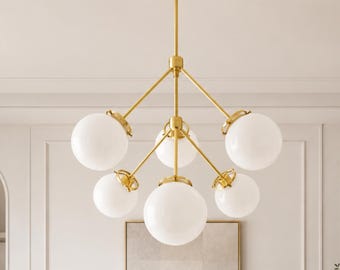 Modern Globe Chandelier - Sputnik Brass Ceiling Light - Six Frosted White Glass Globes - Mid Century Pendant Light for Dining Room