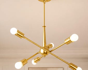 Mid Century Brass Sputnik Chandelier, Highwire Inspired Six Arm Ceiling Light, Bare Bulb Italian Style Modern Fixture
