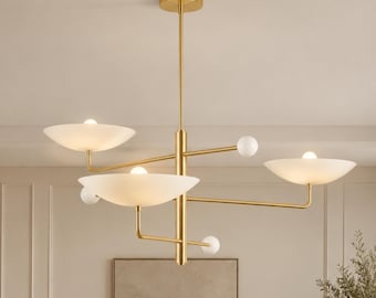 Modern Asymmetric Brass Chandelier with Opal Globe Shades, Sculptural Ceiling Light, Contemporary Designer Pendant