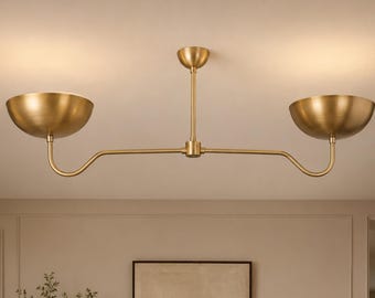 Bowl Shade Brass Chandelier – Mid Century Modern 2 Light Ceiling Fixture with Antique Brass Finish