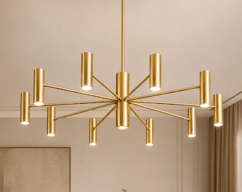 Italian Brass Sputnik Chandelier, Mid Century Modern Sculptural Ceiling Light, Handmade Statement Fixture