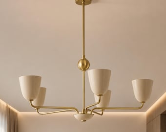 Mid-Century Modern 5-Light Chandelier – Organic Ceramic & Walnut Wood Pendant