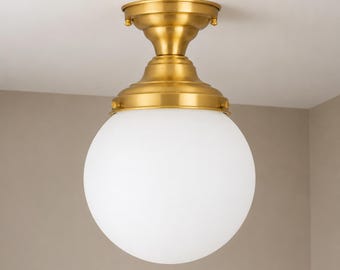 Antique Brass Globe Ceiling Light | Milk Glass Flush Mount Fixture