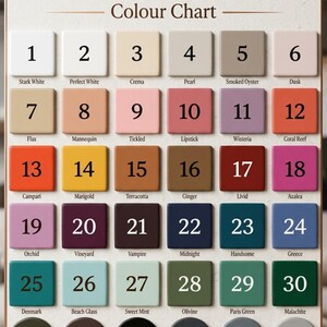May include: A LuceInteriorStudio colour chart featuring 36 numbered paint swatches in various shades. The grid displays squares and circles labeled with names like Stark White, Coral Reef, Midnight, and Black, organized in rows and columns.