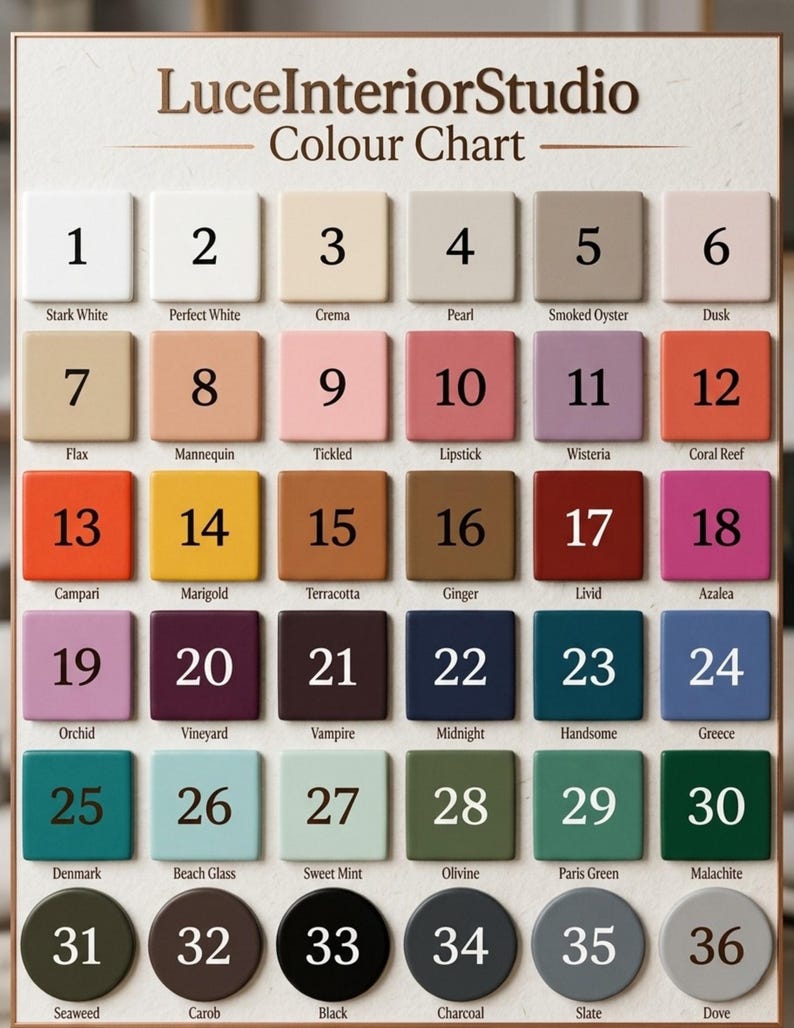 May include: A LuceInteriorStudio colour chart featuring 36 numbered paint swatches in various shades. The grid displays squares and circles labeled with names like Stark White, Coral Reef, Midnight, and Black, organized in rows and columns.