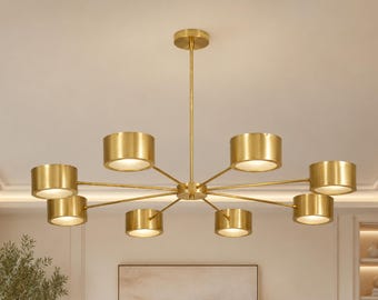 8 Light Stilnovo Balance Glass Chandelier, Raw Brass Mid Century Modern Ceiling Light Fixture