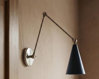 Brass Swing Arm Wall Sconce, Black Cone Shade, Mid Century Reading Lamp