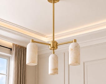Alabaster Stone & Brass Chandelier, 3-Light Modern Ceiling Fixture, Luxury Minimalist Lighting, Designer Dining Room Light