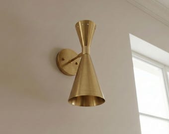 Mid Century Modern Brass Double Cone Sconce, Minimalist Bedside Reading Light