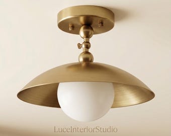 Handmade Brass Semi Flush Mount Ceiling Light, Mid Century Modern Globe Lamp