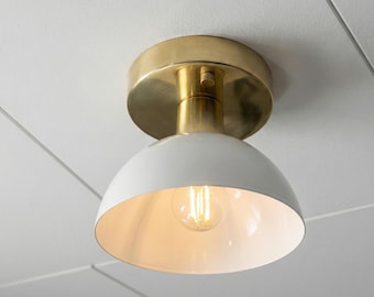 Modern Brass Flush Mount Ceiling Light with White Dome Shade – Minimalist Mid-Century Inspired Fixture