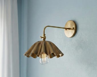 Handcrafted Brass Wall Sconce | Fluted Umbrella Shade, Antique Bedside Light Fixture