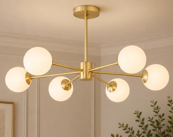 Mid Century Modern 6 Light Chandelier – Italian Glass Globe Pendant, Handmade Ceiling Light Fixture