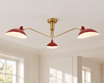 Vintage-Inspired Sputnik Chandelier – Handmade Raw Brass 3-Light Flush Mount Ceiling Light
