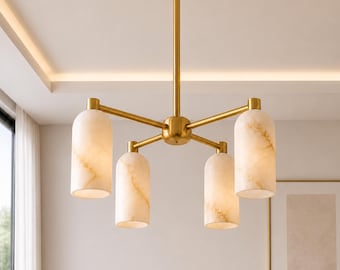 Modern 4-Light Alabaster Chandelier | Solid Brass Ceiling Fixture | Luxury Designer Lighting