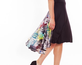 Tango rok met back inlet, zwart paars blauw rok voor tango, in voorraad tango kleding, abstracte print blauwe wintertaling tango jupe, tango kleding
