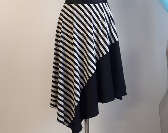 Zwarte en grijze tango rok, gestreepte asymmetrische rok voor Tango, dansrok, gestreepte rok, trainingsrok, Jersey Rok, Tango Mode