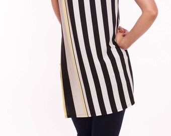 OOAK Semi-Cropped Top voor Tango Top in Wit, Geel en Zwart, Gestreepte Tango Top, Zwart-Wit Top