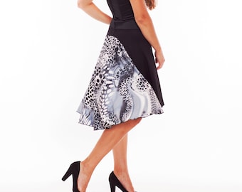 Tango rok met Back Inlet, Zwart Grijs Wit Print Tango Rok, IN STOCK Tango Kleding, Animal Print Tango Kleding, Jupe Tango, Robe Tango