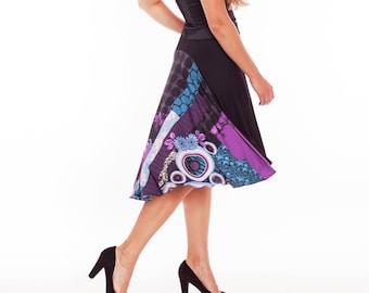 Tango rok met back inlet, zwart paars blauw rok voor tango, in voorraad tango kleding, abstracte print blauwe wintertaling tango jupe, tango kleding