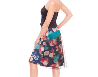 Blauwe bloemen tango rok, in voorraad tango rok in blauw en rood, turquoise print tango kleding, tango kleding, jupe tango rok met een staart