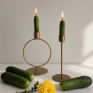 Könnte beinhalten: Zwei Messingkerzenhalter mit kreisförmigen und geraden Stielen, die jeweils eine brennende, gurkenförmige grüne Kerze halten. Drei frische grüne Gurken und eine gelbe Chrysanthemenblüte sind vor den Kerzenhaltern auf der Fläche angeordnet.
