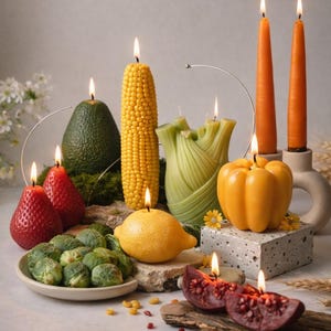 Può includere: Una collezione di candele a forma di frutta e verdura, tra cui un avocado, mais, limone, peperone e fragole. Le candele sono accese, mostrando i loro colori vivaci e i disegni intricati. Un'esposizione decorativa unica.