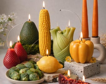 リアルな果物や野菜のキャンドル、手作りの食品型デコレーション、キッチンテーブルのスタイリング
