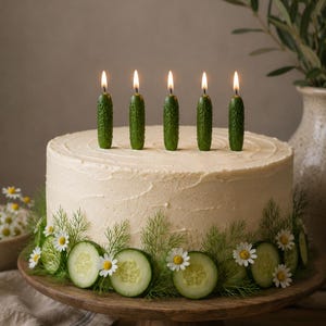 Könnte beinhalten: Ein runder Kuchen mit glattem, cremefarbenem Zuckerguss, verziert mit frischen Gurkenscheiben, grünen Dillzweigen und kleinen weißen Gänseblümchen. Fünf kleine, grüne, gurkenförmige Kerzen stehen aufrecht obenauf und brennen.