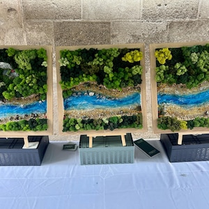 Blaues Donau-Triptychon, 55 x 55 cm, 3er-Set | Stabilisierte Moosfluss-3D-Harzgemälde | Handgefertigte Wandkunst aus natürlichem Waldmotiv