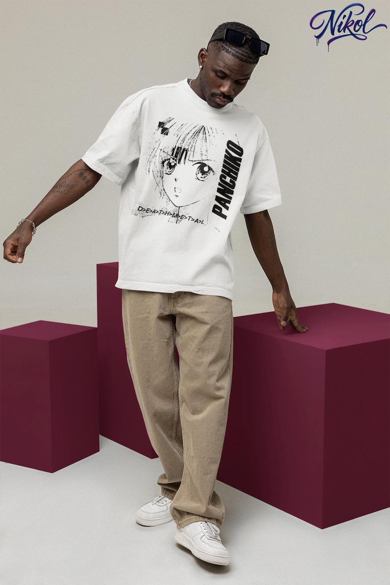 White t-shirt front print preview in a lifestyle setting, featuring panchiko deathmetal album on the main chest placement.