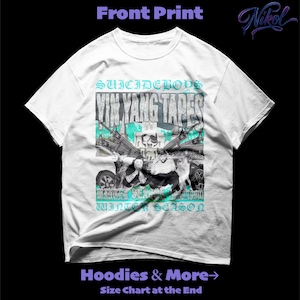 May include: White t-shirt with a crew neck and short sleeves. The front displays a graphic design with the text "SUICIDEBOYS VIN YANG TAPES WINTER SEASON" in teal and grey. The shirt also has the text "Hoodies & More" and "Size Chart at the End".