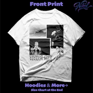 May include: White t-shirt with a black and white graphic print. The print features four panels with images of a ship, a person, and other figures. The text "ETERNAL GREY" is below the images. The shirt also has the text "Hoodies & More" and "Size Chart at the End".