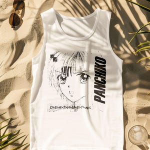 White tank top front print mockup in a tropical setting with sunglasses, featuring panchiko deathmetal album.