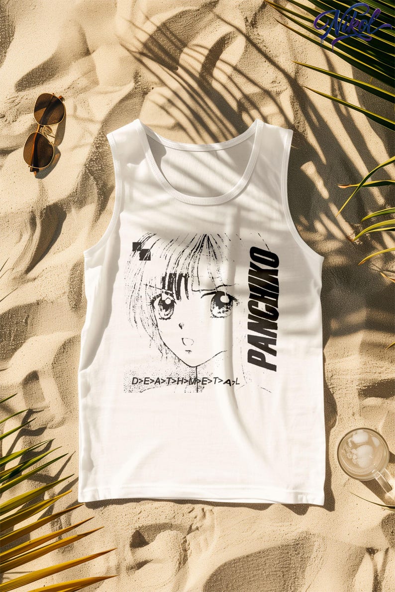 White tank top front print mockup in a tropical setting with sunglasses, featuring panchiko deathmetal album.
