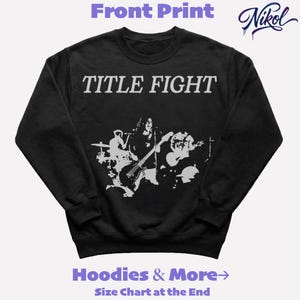 White sweatshirt mockup, front print layout with high contrast background and Title Fight centered on the chest.