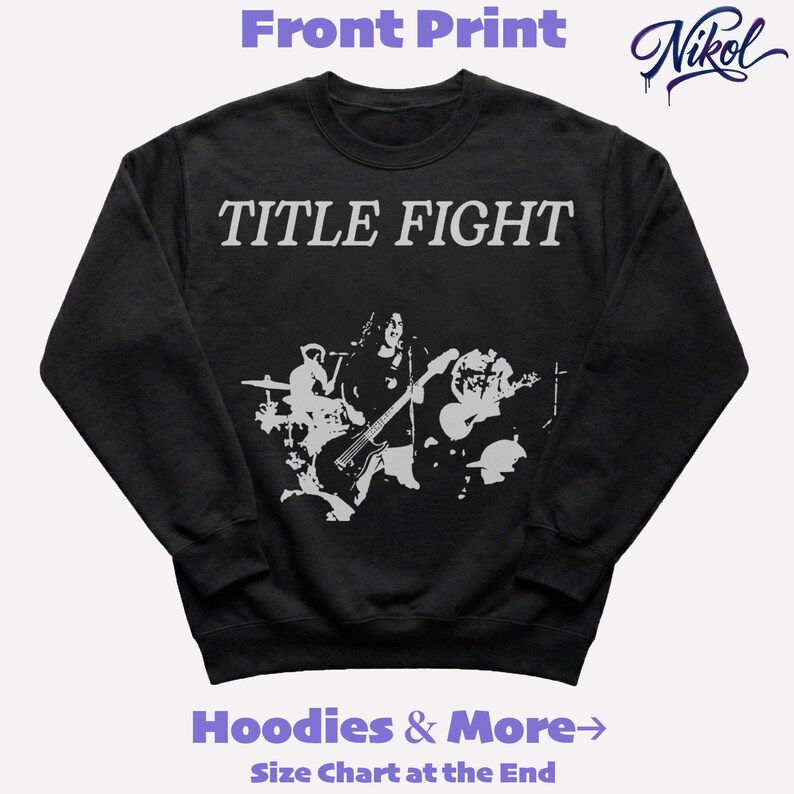 White sweatshirt mockup, front print layout with high contrast background and Title Fight centered on the chest.