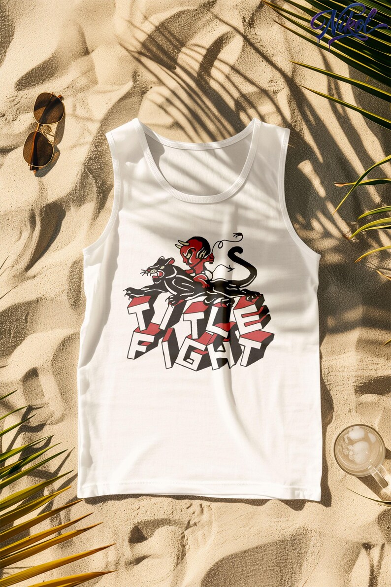 Lifestyle-style flat lay of a white tank top, showcasing Title Fight centered on the front print zone.