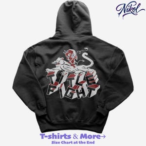 White hoodie product preview mockup, back-facing print area filled with title fight.