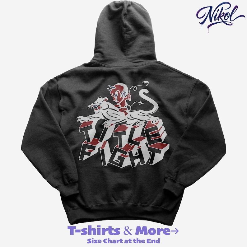 White hoodie product preview mockup, back-facing print area filled with title fight.