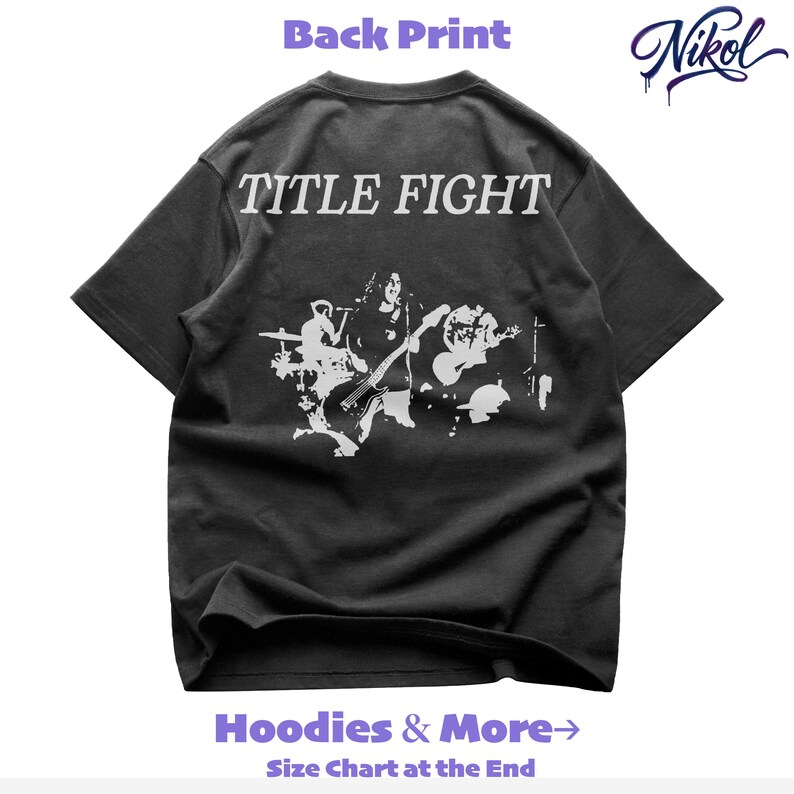 Minimal dark-background mockup of a white t-shirt, back print shown as Title Fight.
