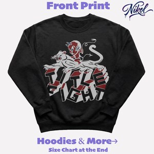 White sweatshirt mockup, front print layout with high contrast background and title fight centered on the chest.