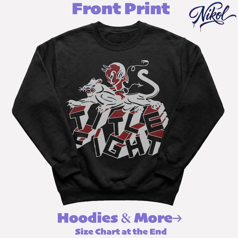 White sweatshirt mockup, front print layout with high contrast background and title fight centered on the chest.