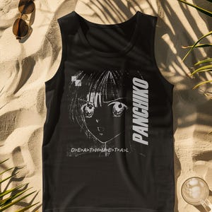 White unisex t-shirt worn by a model, front print display showing Panchiko deathmetal album with relaxed fit.