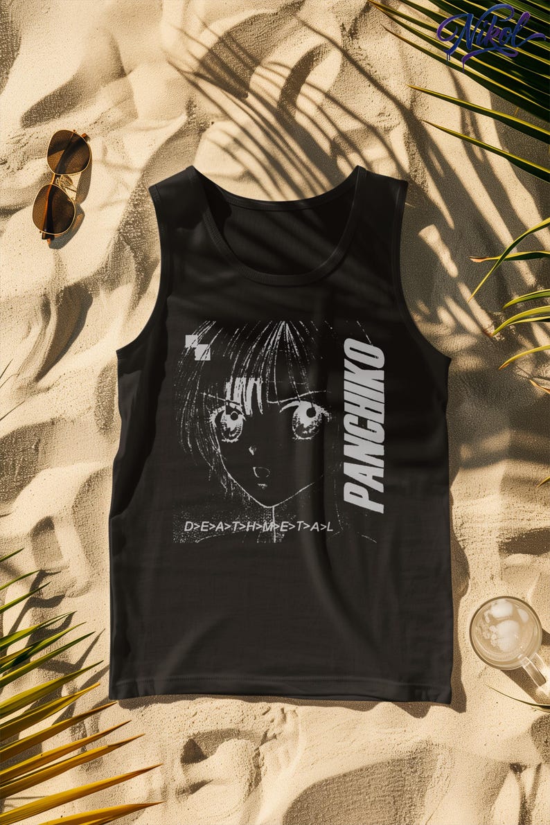 White unisex t-shirt worn by a model, front print display showing Panchiko deathmetal album with relaxed fit.